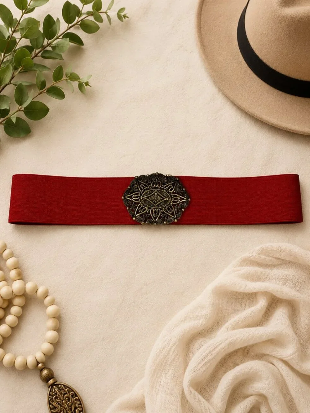 Kmart Red Stretch Waist Belt Antique Gold Filigree Buckle M/L Vintage